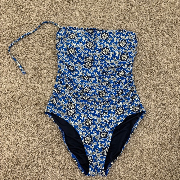 J. Crew Claremont Floral Blue Ruched Bandeau Swimsuit size 4 - Picture 1 of 8